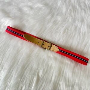 Vintage Stretch Belt Elastic Fabric & Leather Striped Red / Navy Blue Size 12